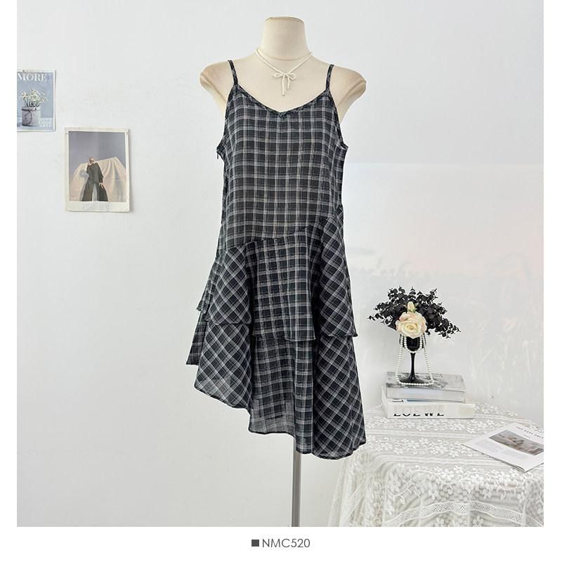 Spaghetti Strap Plaid Tiered Asymmetrical Mini Smock Dress