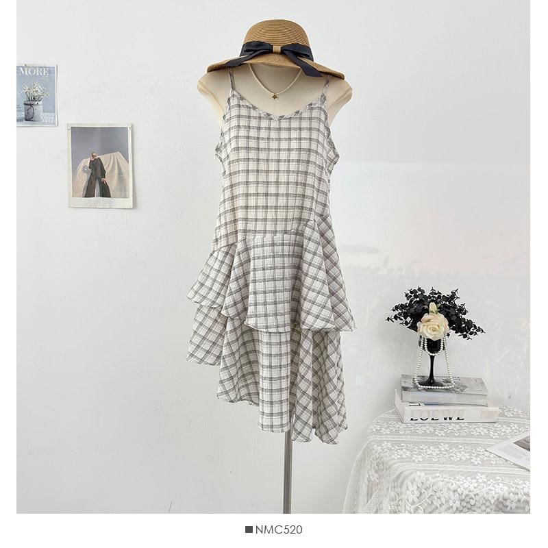 Spaghetti Strap Plaid Tiered Asymmetrical Mini Smock Dress
