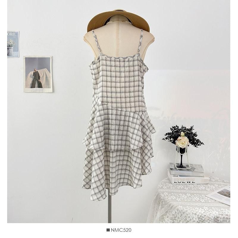 Spaghetti Strap Plaid Tiered Asymmetrical Mini Smock Dress
