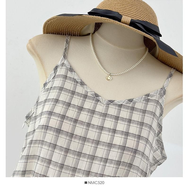 Spaghetti Strap Plaid Tiered Asymmetrical Mini Smock Dress