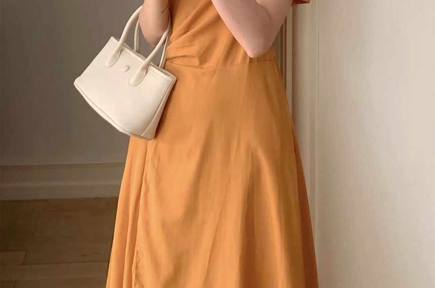 Short-Sleeve V-Neck Plain Wrap Maxi A-Line Dress
