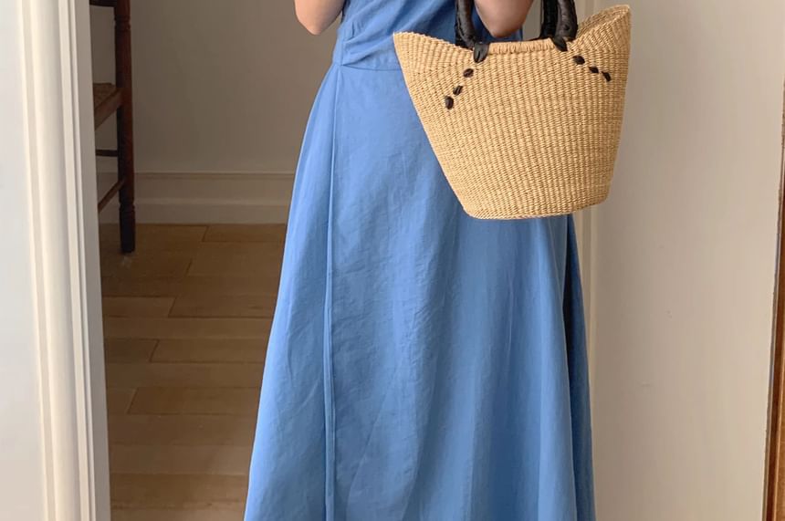 Short-Sleeve V-Neck Plain Wrap Maxi A-Line Dress