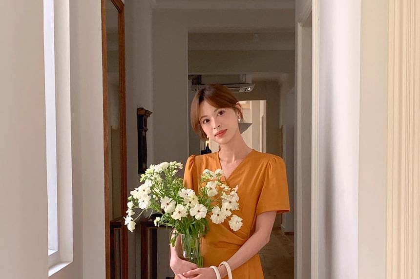 Short-Sleeve V-Neck Plain Wrap Maxi A-Line Dress
