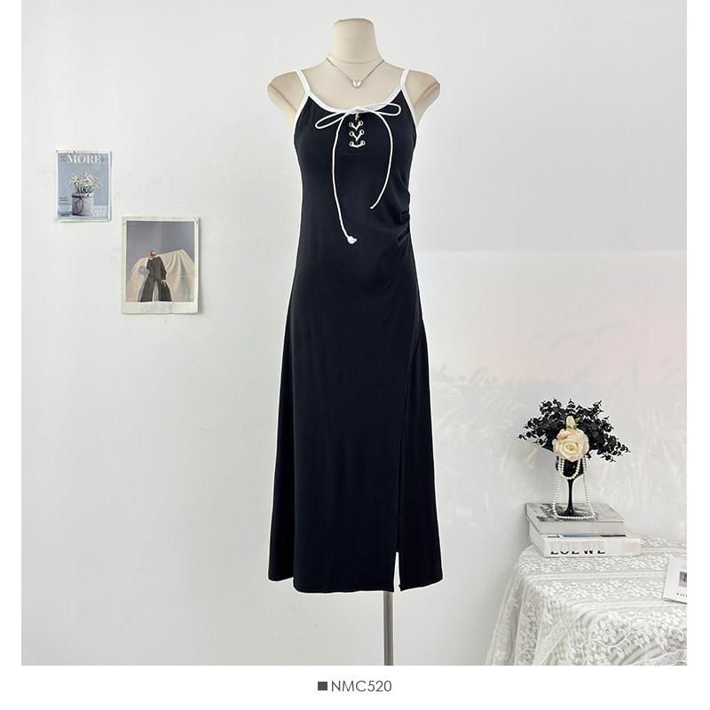 Spaghetti Strap Contrast Trim Lace Up Slit Maxi A-Line Dress