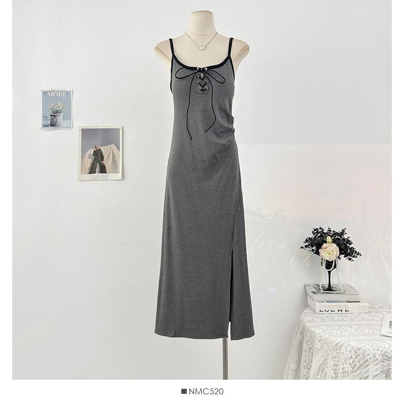 Spaghetti Strap Contrast Trim Lace Up Slit Maxi A-Line Dress