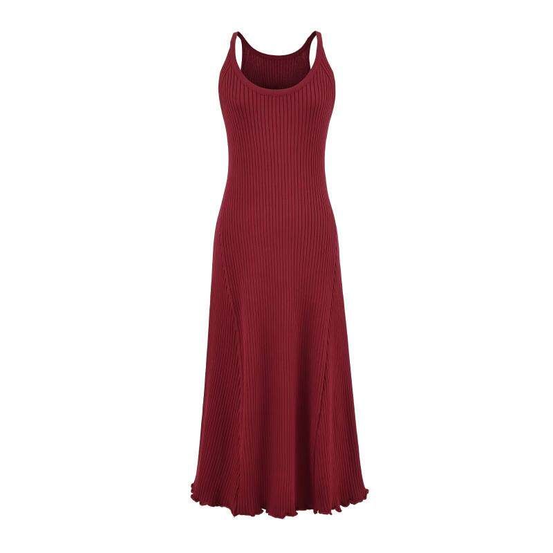 Spaghetti Strap Scoop Neck Plain Lettuce Edge Maxi A-Line Knit Dress