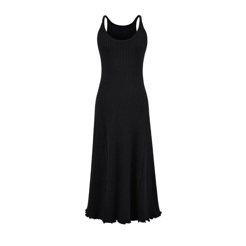 Spaghetti Strap Scoop Neck Plain Lettuce Edge Maxi A-Line Knit Dress