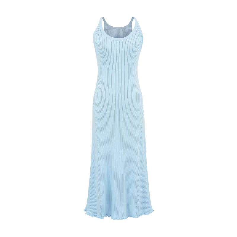 Spaghetti Strap Scoop Neck Plain Lettuce Edge Maxi A-Line Knit Dress
