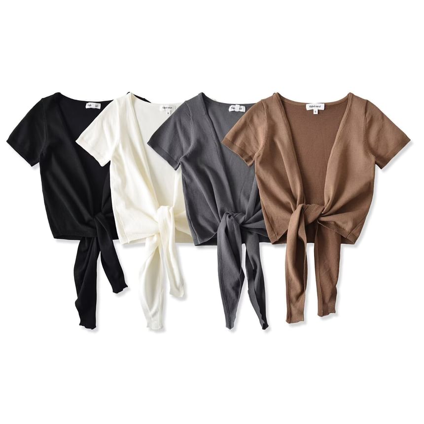 Short-Sleeve Plain Tie Front Crop Cardigan