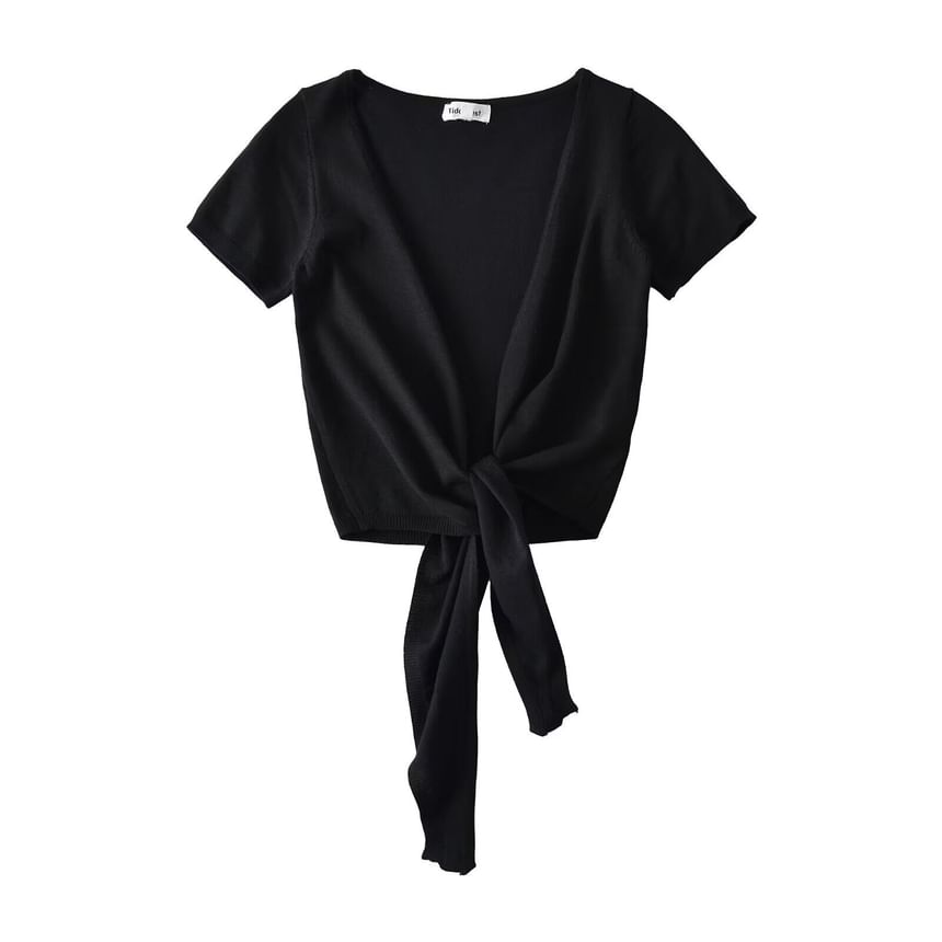 Short-Sleeve Plain Tie Front Crop Cardigan