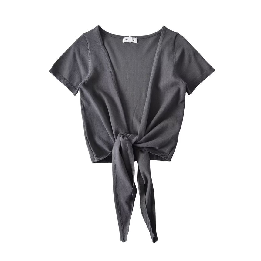 Short-Sleeve Plain Tie Front Crop Cardigan