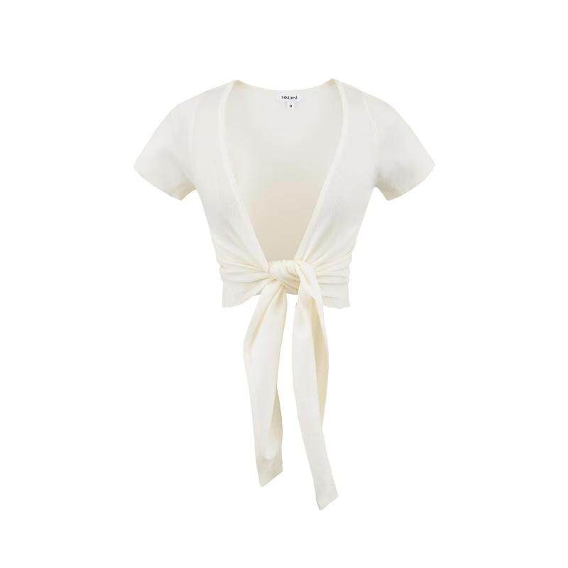 Short-Sleeve Plain Tie Front Crop Cardigan