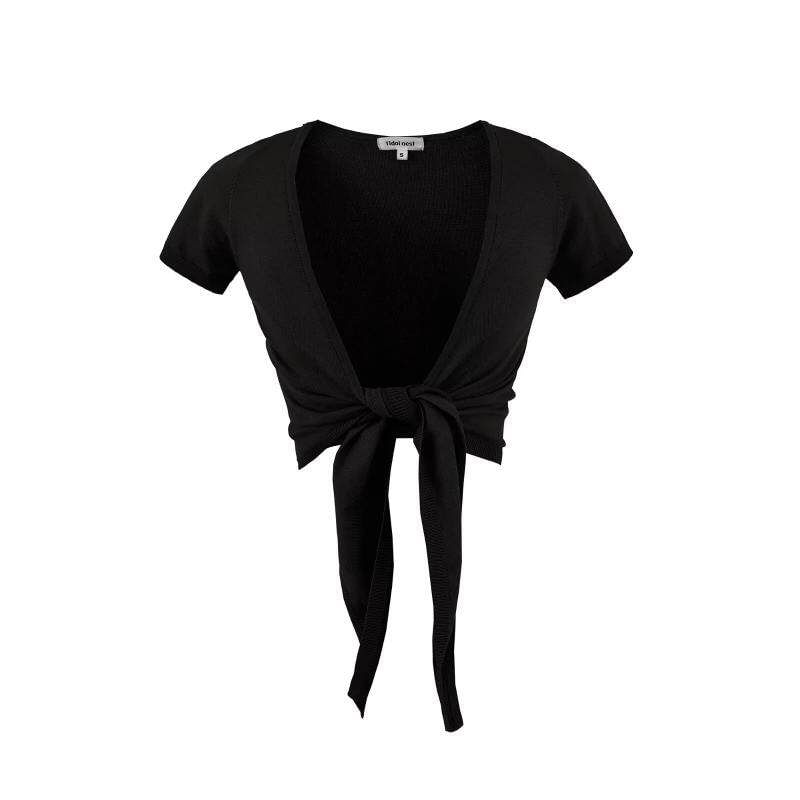 Short-Sleeve Plain Tie Front Crop Cardigan