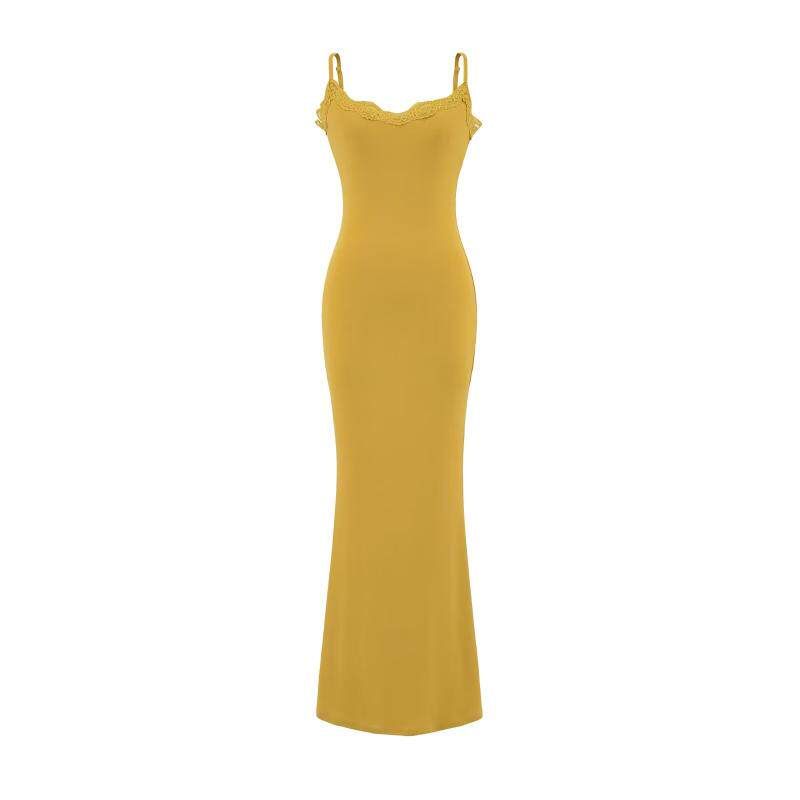 Spaghetti Strap Scoop Neck Plain Lace Trim Maxi Mermaid Dress