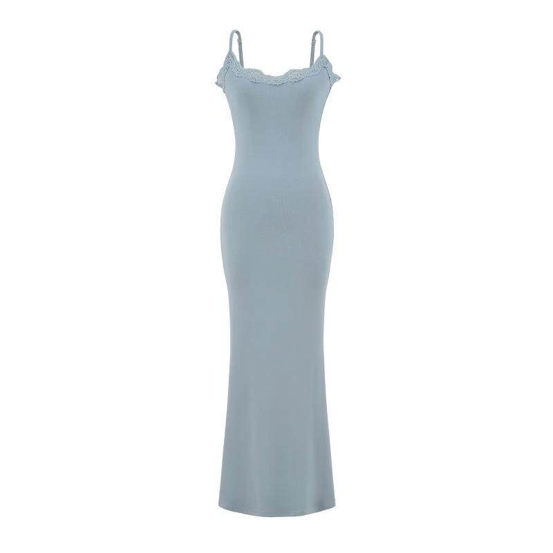 Spaghetti Strap Scoop Neck Plain Lace Trim Maxi Mermaid Dress