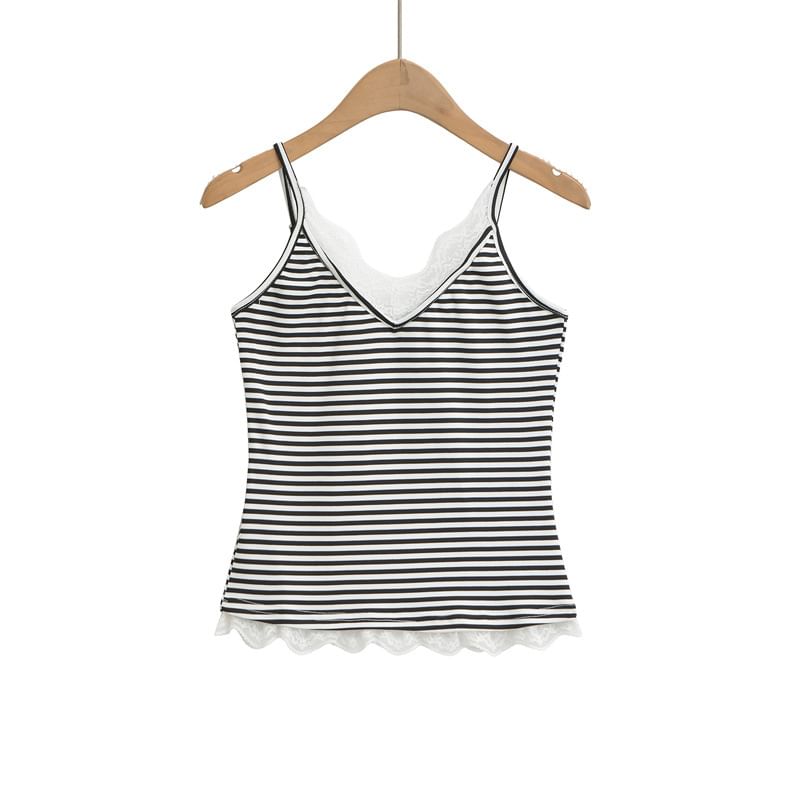 V-Neck Lace Trim Striped Camisole Top