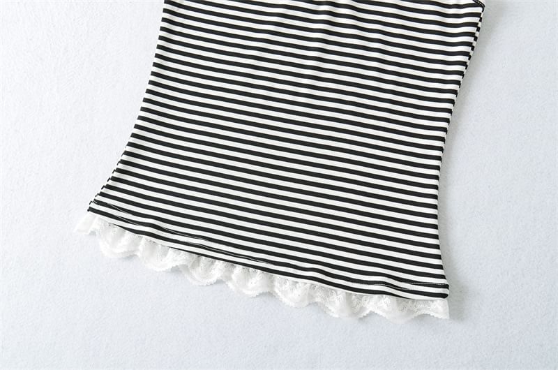 V-Neck Lace Trim Striped Camisole Top