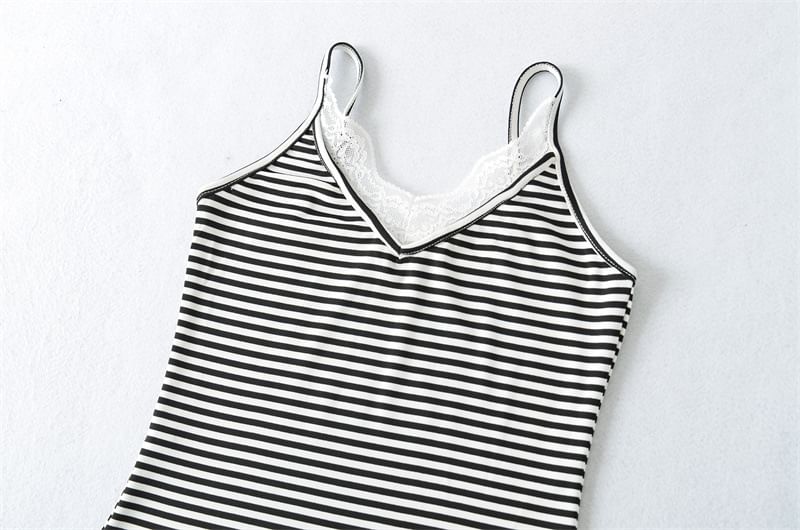 V-Neck Lace Trim Striped Camisole Top