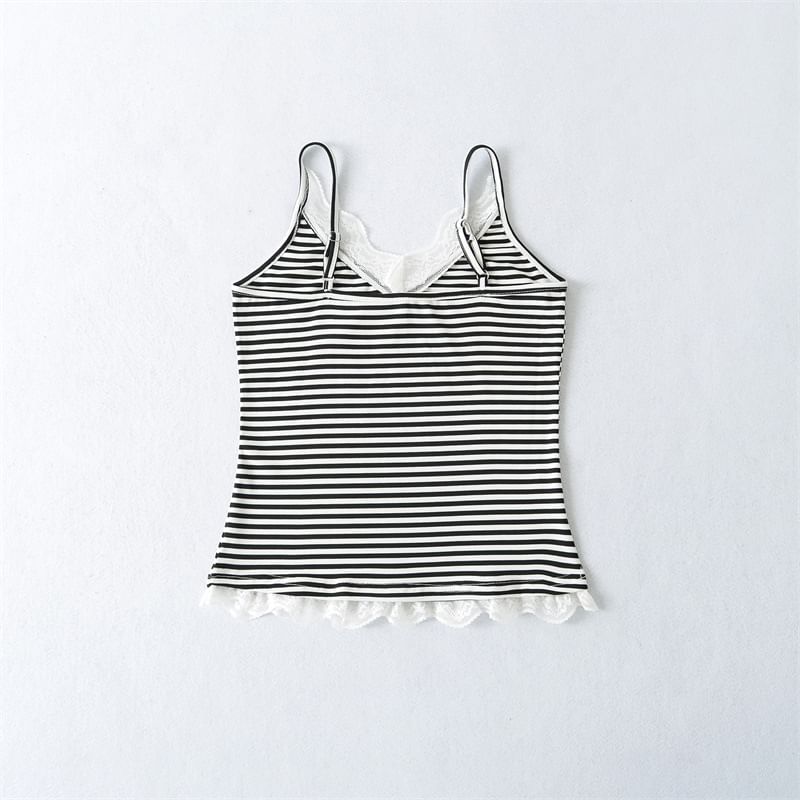 V-Neck Lace Trim Striped Camisole Top