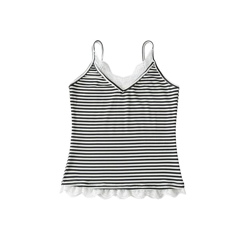 V-Neck Lace Trim Striped Camisole Top