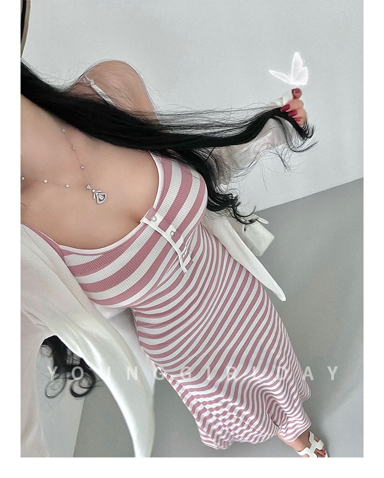 Spaghetti Strap Scoop Neck Striped Maxi A-Line Dress