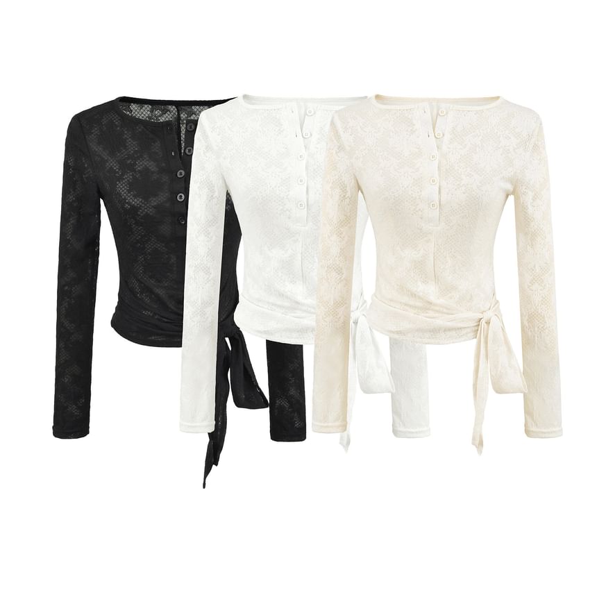 Long-Sleeve Henley Neck Plain Lace Top