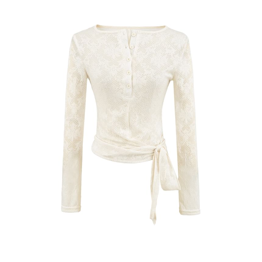 Long-Sleeve Henley Neck Plain Lace Top