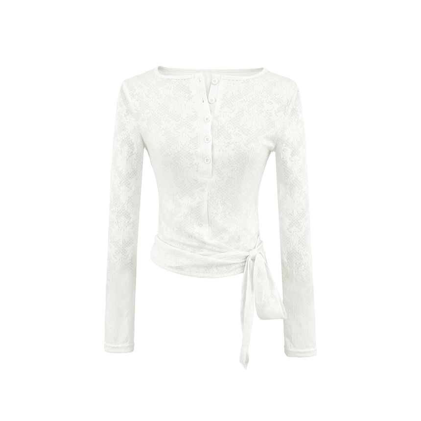 Long-Sleeve Henley Neck Plain Lace Top