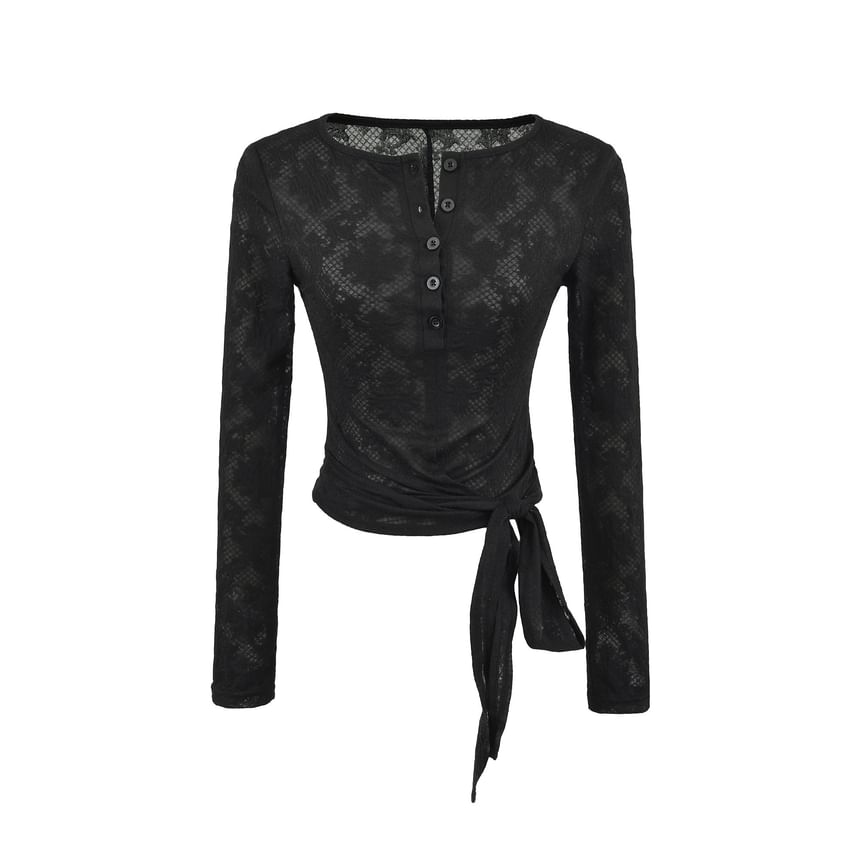 Long-Sleeve Henley Neck Plain Lace Top
