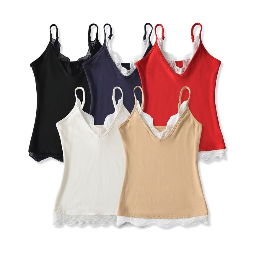 Spaghetti Strap V-Neck Plain Lace Trim Camisole Top