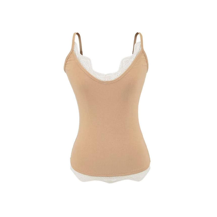 Spaghetti Strap V-Neck Plain Lace Trim Camisole Top