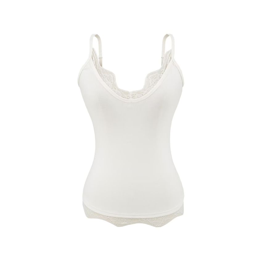 Spaghetti Strap V-Neck Plain Lace Trim Camisole Top