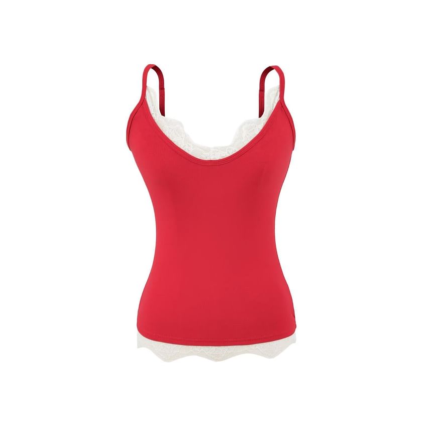 Spaghetti Strap V-Neck Plain Lace Trim Camisole Top