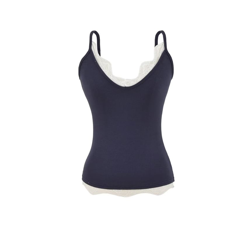 Spaghetti Strap V-Neck Plain Lace Trim Camisole Top