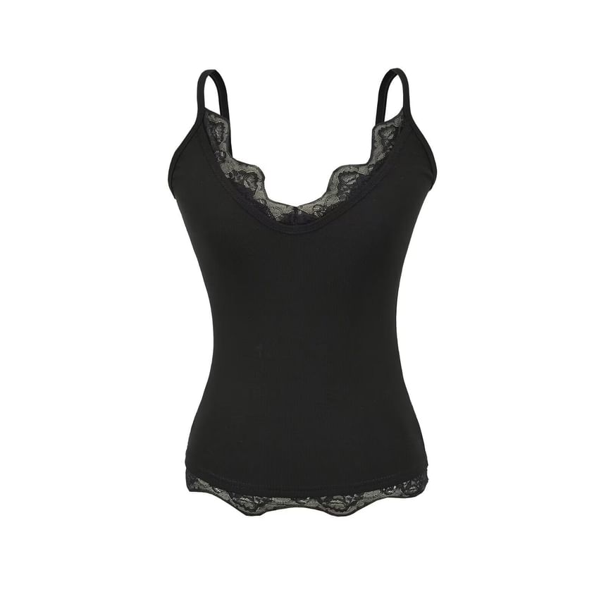 Spaghetti Strap V-Neck Plain Lace Trim Camisole Top