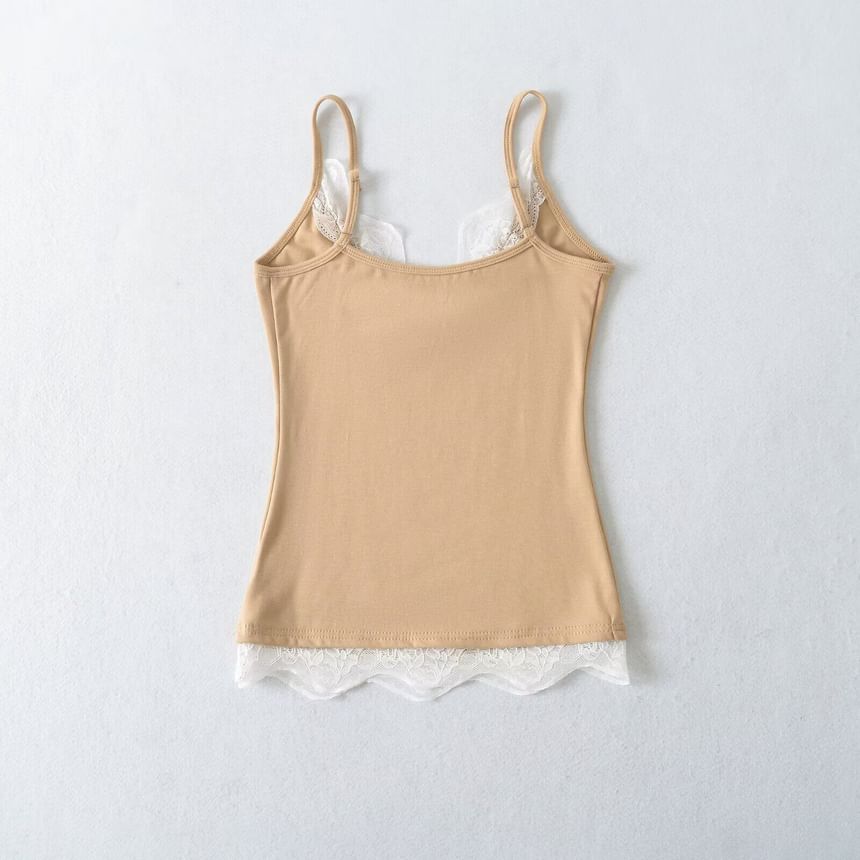 Spaghetti Strap V-Neck Plain Lace Trim Camisole Top
