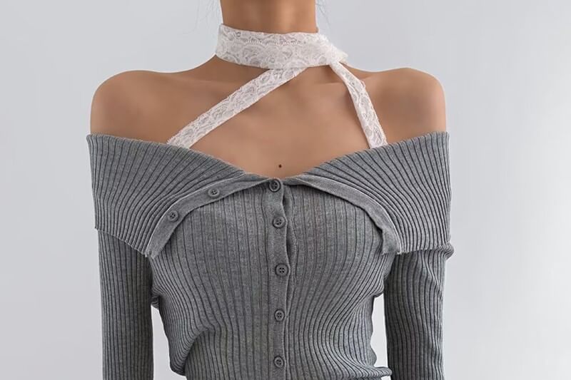 Long-Sleeve Cold Shoulder Lace Trim Button Up Knit Top