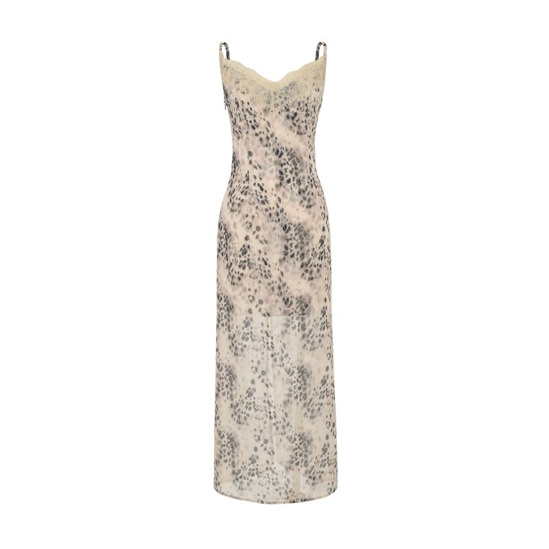 Spaghetti Strap V-Neck Leopard Print Lace Trim Maxi A-Line Dress