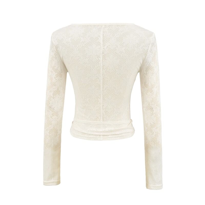 Long-Sleeve Boat Neck Lace Tie Waist Top