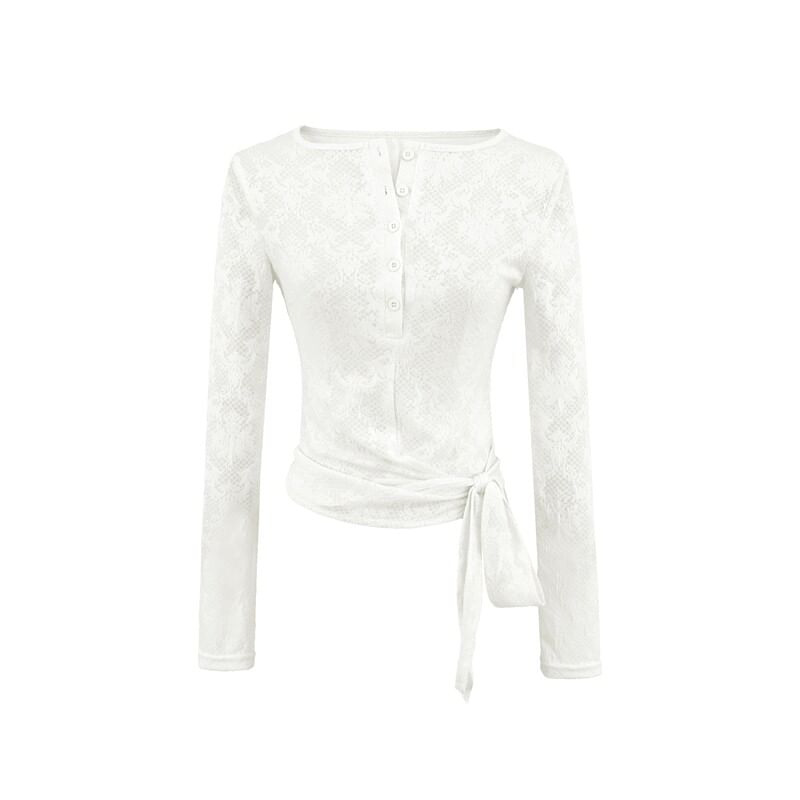 Long-Sleeve Boat Neck Lace Tie Waist Top