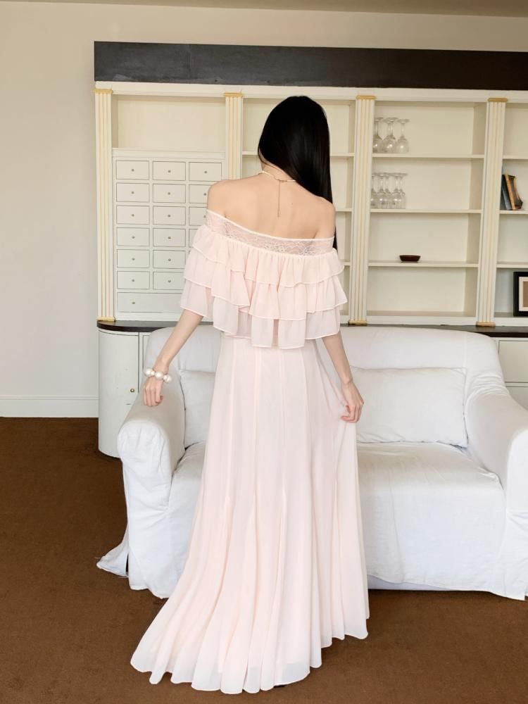 Short Sleeve Off Shoulder Plain Ruffle Tiered Panel Lace Blouse / Mid Rise Maxi A-Line Skirt