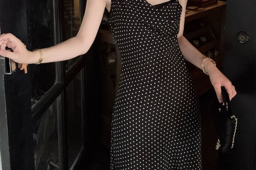 Sleeveless Polka Dot Asymmetrical Maxi Sheath Dress