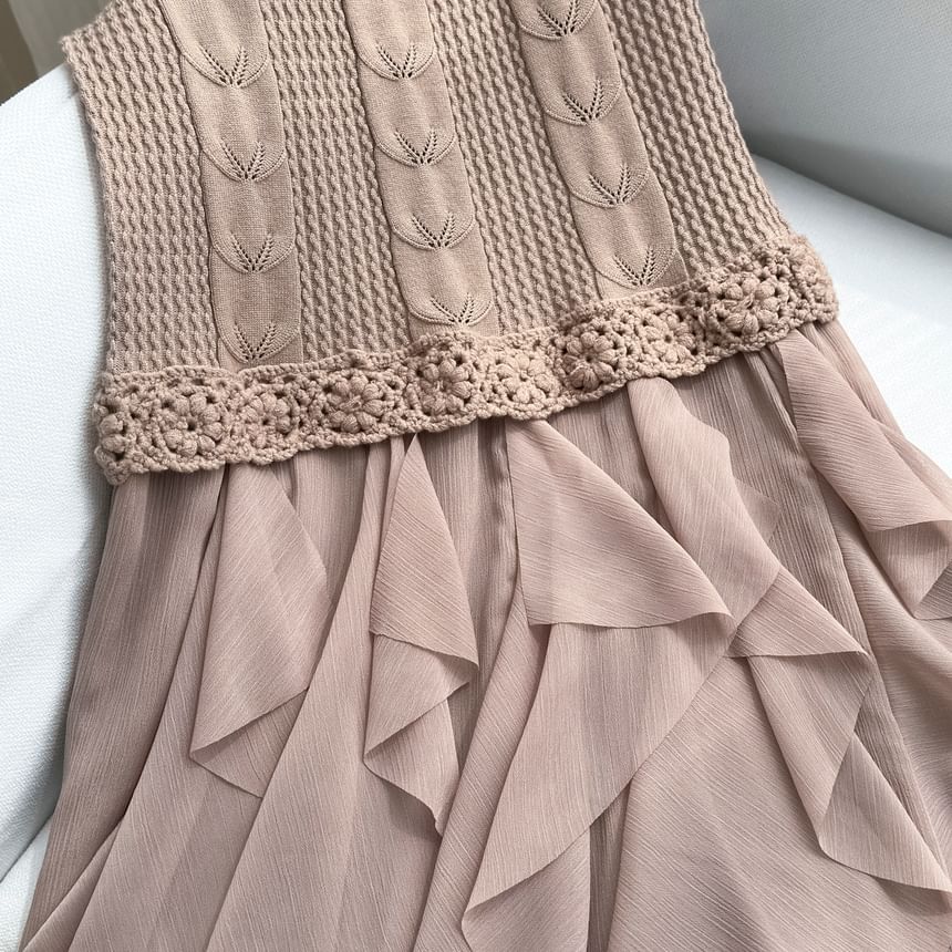 Sleeveless Mock Neck Ruffle Panel Cable Knit Maxi A-Line Dress / Long Sleeve Mock Neck Plain Lace Top