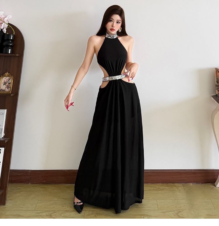 Sleeveless Embellished Cutout Plain Maxi A-Line Dress