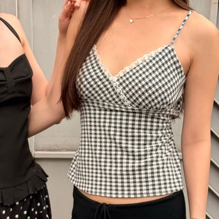 V-Neck Lace-Trim Checker Slim-Fit Crop Camisole Top