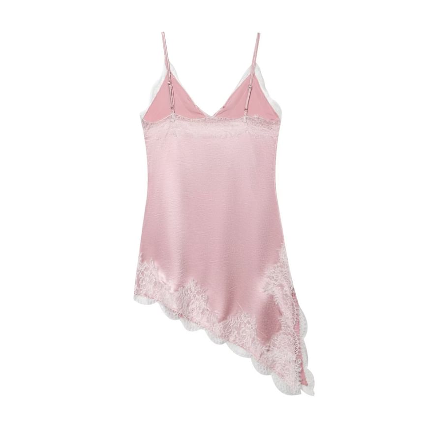 Spaghetti Strap V-Neck Lace Panel Tie-Front Asymmetric Hem Mini Dress