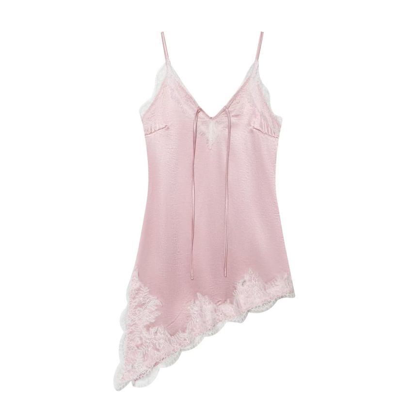 Spaghetti Strap V-Neck Lace Panel Tie-Front Asymmetric Hem Mini Dress