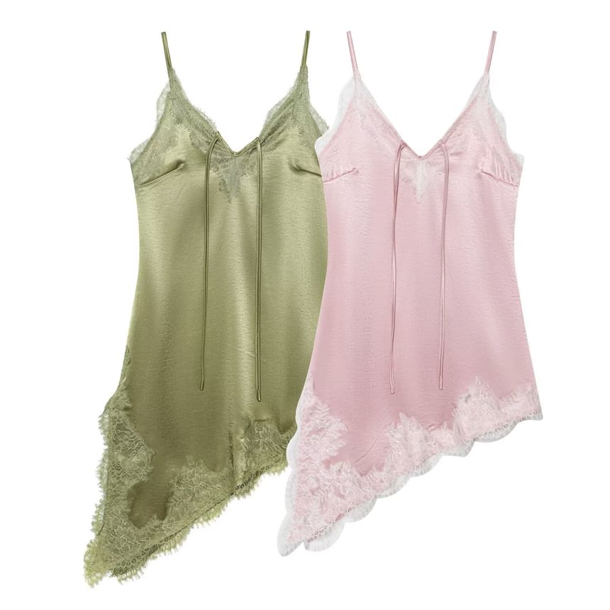 Spaghetti Strap V-Neck Lace Panel Tie-Front Asymmetric Hem Mini Dress