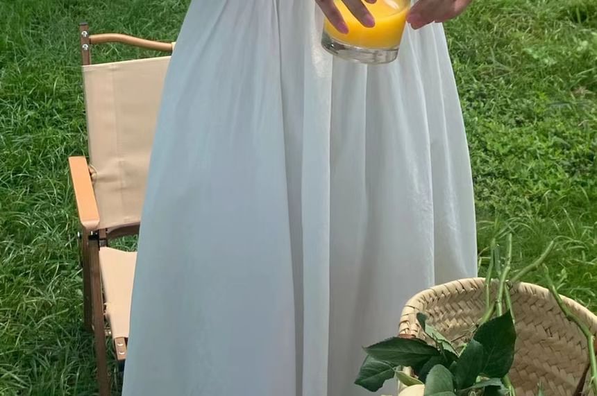 Puff Sleeve Square Neck Plain Ruched Maxi A-Line Dress