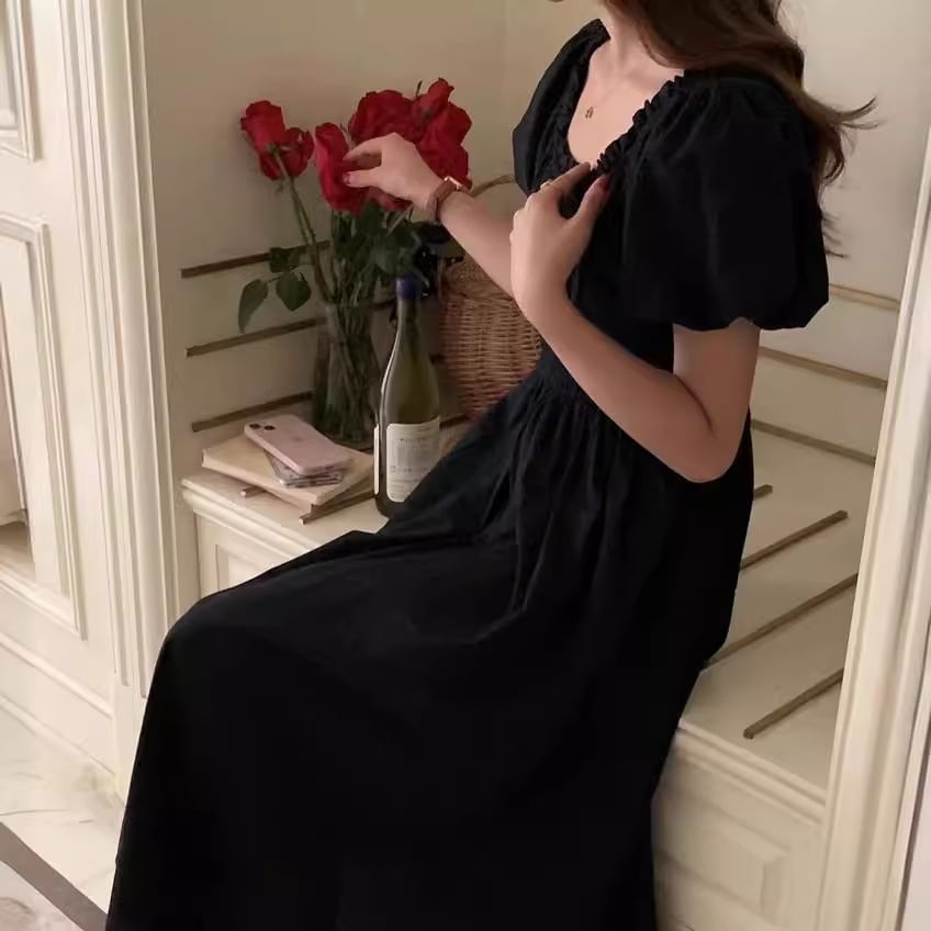 Puff Sleeve Square Neck Plain Ruched Maxi A-Line Dress
